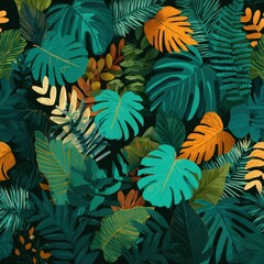 Lush Tropical Jungle Foliage Pattern with Vibrant Teal and Ochre Accents.