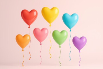 Floating rainbow heart balloons on soft pastel background with gentle white lighting