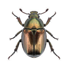 High-resolution close-up of a metallic, iridescent beetle, showcasing intricate details of its exoskeleton and legs against a stark black backdrop.