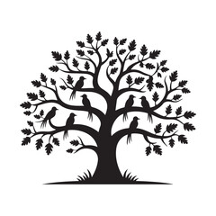 Black silhouette of a leafy tree with two birds flying and falling leaves white nature. Vector  Illustration eps 10