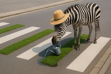 A zebra crossing painted with green stripes of grass instead of black and white, and a confused zebra wearing a gardener’s hat waters the stripes with a tiny watering can - Generative AI