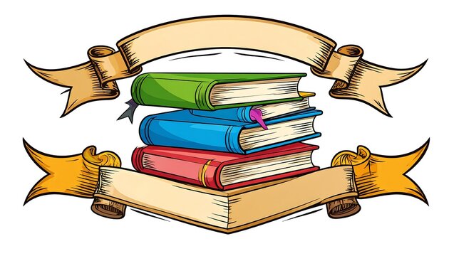 Stack of books with blank banners