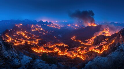 Fototapeta premium Vast Wildfire Scorching Mountainous Landscape at Dusk