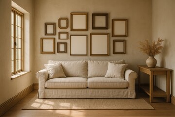 Fototapeta premium Cozy English cottage living room with curated gallery wall vintage frames botanical prints and warm natural light perfect for printable art mockups