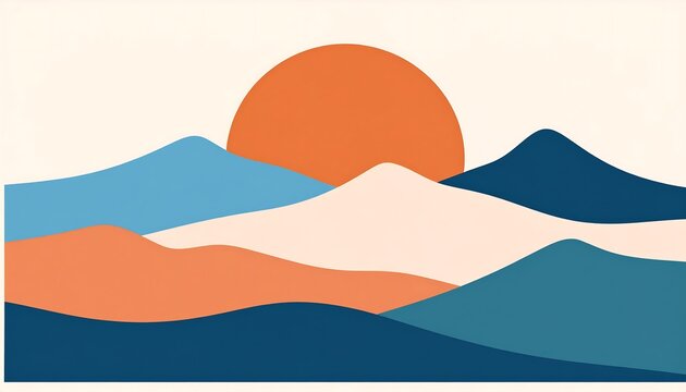 Stylized landscape featuring layered pastel mountains and a large setting sun
