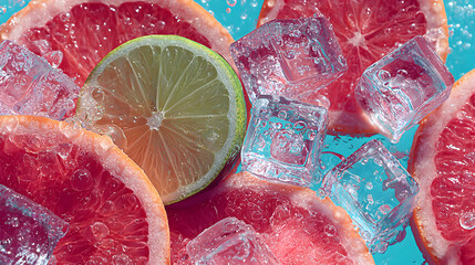 Grapefruit and lime slices with ice cubes on a blue background.
