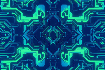 Intricate Neon-Green Circuit Board Design Against a Dark-Blue Backdrop, Highlighting Advanced Technology Aesthetics