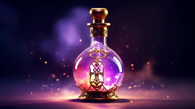 Enigmatic potion bottle with radiant magenta and gold energy swirling inside