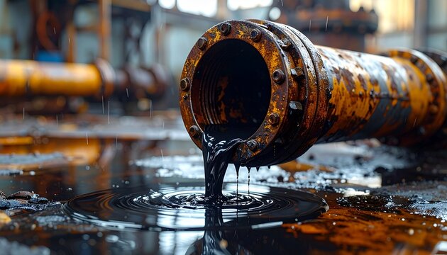 A rusted industrial pipe leaks thick black liquid onto a corroded wall and stained ground&mdash;decay etched into every surface. A metaphor for neglect and the choreography of consequence through toxic flow