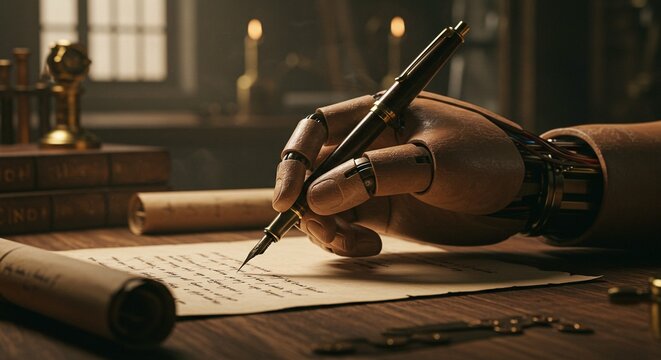 A robotic hand writes with a fountain pen on parchment in a warm-toned, vintage setting, evoking themes of technology and tradition.