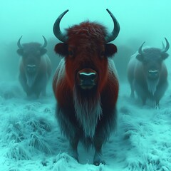 Misty, crimson bison in a field