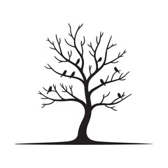 Obraz premium Black Silhouette of Tree with Birds. Stylized Black Trees with Flying Birds and Falling Leaves