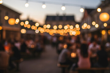 Bokeh lights illuminate a lively evening street fair with blurred silhouettes of people enjoying the atmosphere under string lights