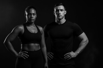 Naklejka premium Athletic duo in black sportswear strong fitness pose on dark background power and focus