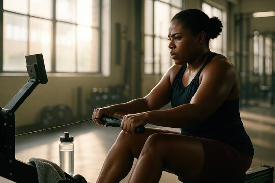 Focused athlete training on rowing machine in modern gym fitness motivation - Powered by Adobe