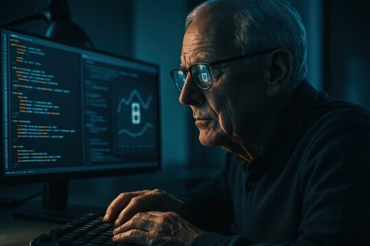 Senior professional in glasses coding at night with reflections of cybersecurity data on screens showcasing lifelong learning and modern technology