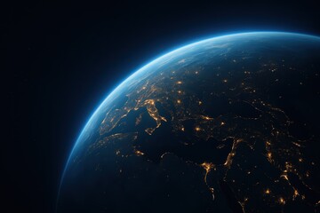 Obraz premium Earth at night from orbit glowing city lights over continents atmospheric blue rim