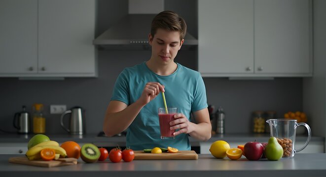 Young man stirring a healthy red fruit smoothie in a modern kitchen with fresh ingredients on the counter.
