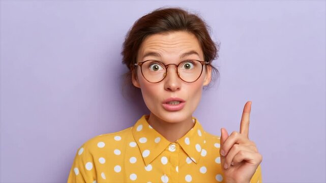 a young woman with short brown hair, wearing glasses and a polka-dot shirt