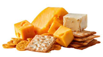 Assortment of cheese and crackers isolated on transparent background