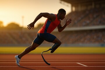 Determined adaptive woman athlete sprint training in stadium with running blade prosthesis