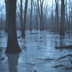 Misty, flooded forest at dawn.  Silhouette trees in muted blues and grays.  Still water reflects the muted light