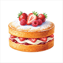 Watercolor Vector Illustration of Victoria Sponge Cake with Strawberries and Cream Filling on White Background
