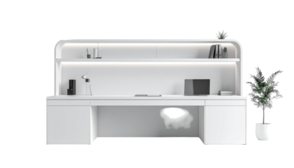 A modern, minimalist white office desk with a sleek, curved shelving unit and a small potted plant.