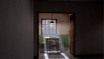 3D render of a minimalist waiting room interior with wooden chairs, table, window light, and green tiled wall. Modern digital environment art.