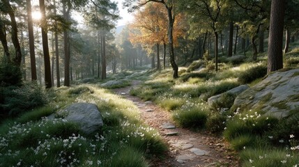 Obraz premium Sun Drenched Autumn Forest Trail with Stone Path and White Flowers Under the Sunlight