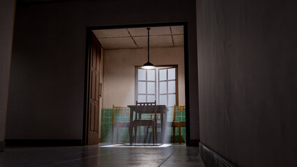 3D render of a minimalist waiting room interior with wooden chairs, table, window light, and green tiled wall. Modern digital environment art.