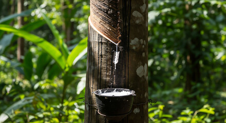 Rubber tree sap dripping into a collection bucket in a lush tropical