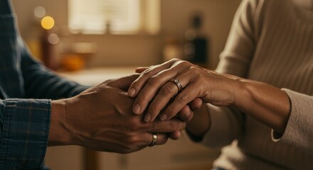 Close-up of a man and a woman holding hands, showcasing their wedding rings. Symbolizes love, commitment, and a strong relationship bond.
