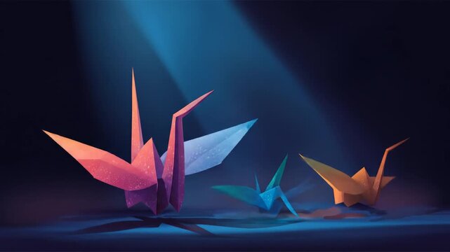 Colorful origami cranes standing on a surface, lit by spotlight against a dark background