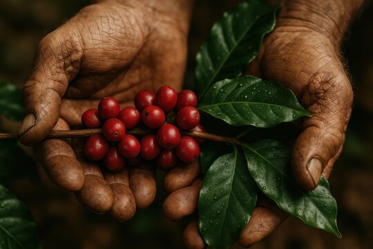 Farmer hands presenting ripe red coffee cherries with glossy leaves morning dew sustainable harvest authentic agriculture close up rustic plantation feel