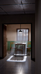 3D render of a minimalist waiting room interior with wooden chairs, table, window light, and green tiled wall. Modern digital environment art.