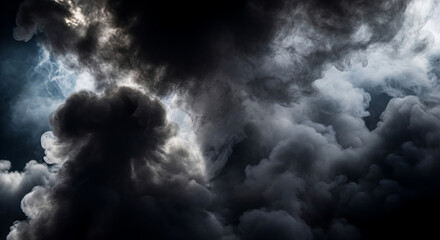 Dramatic dark smoke billowing and swirling against a bright moody sky