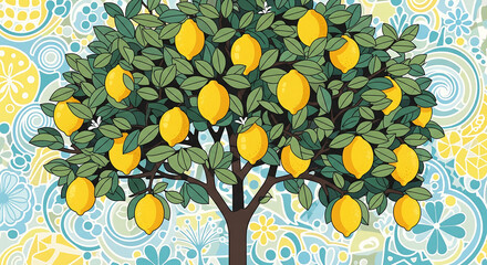 Stylized Lemon Tree with Ripe Yellow Fruits and Green Leaves Set