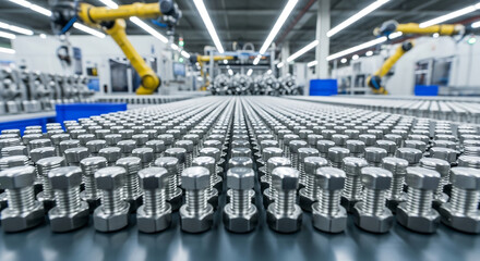Industrial factory with robotic arms and rows of metal bolts on