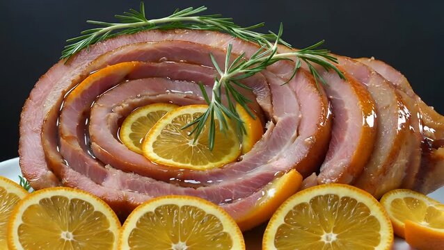 Festive Baked Pork Dish Filled with Citrus Slices and Coated with Sweet Shiny Glaze