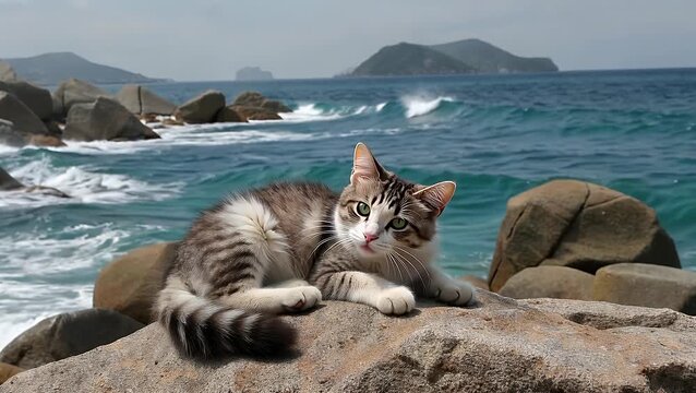 Solitary Homeless Feline Reclining Upon the Rocky Shoreline Beside the Ocean Waves
