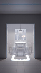 3D render of a minimalist waiting room interior with wooden chairs, table, window light, and green tiled wall. Modern digital environment art.