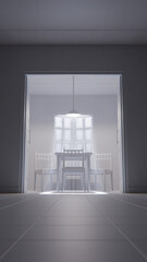 3D render of a minimalist waiting room interior with wooden chairs, table, window light, and green tiled wall. Modern digital environment art.