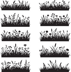 Silhouettes of Nature's Meadow: A set of monochrome silhouettes depicting various wildflower and grass arrangements against a neutral backdrop.