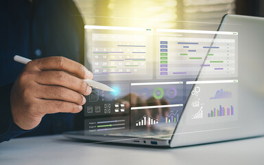 Project management and workflow scheduling interface. A business professional analyzing Gantt charts, tracking progress, and managing task execution through a digital strategy. Planning and deadline