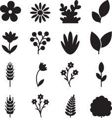 Floral and Foliage Silhouettes: A collection of various floral and foliage silhouettes showcasing the beauty and diversity of nature, including single flower, leaf, and branches.