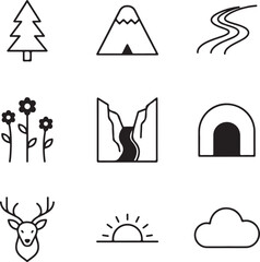 Scenic Iconography: A collection of clean, monochromatic illustrations depicts a range of outdoor elements. The simplicity of the designs creates an engaging visual experience.