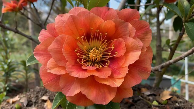 Deep Orange Coloured Chaenomeles Japonica Flower Fully Open and Growing in Garden Showing Excellent Detail of Petals and Stamens