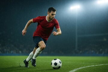 Intense soccer action with focused player dribbling at speed under stadium lights