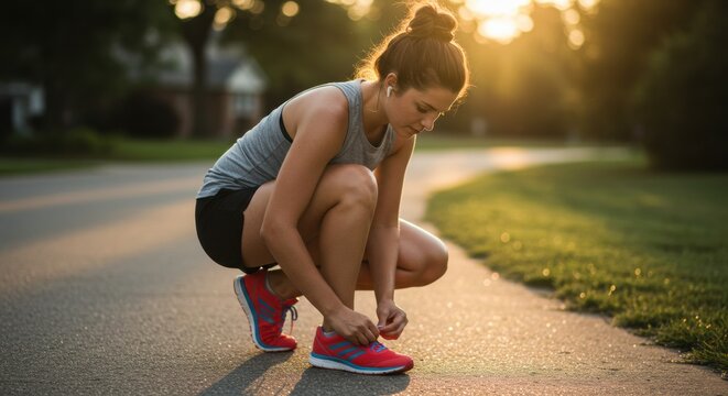 Jogging woman tying shoes urban street sports activity evening light side fitness motivation - Powered by Adobe